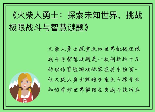 《火柴人勇士：探索未知世界，挑战极限战斗与智慧谜题》